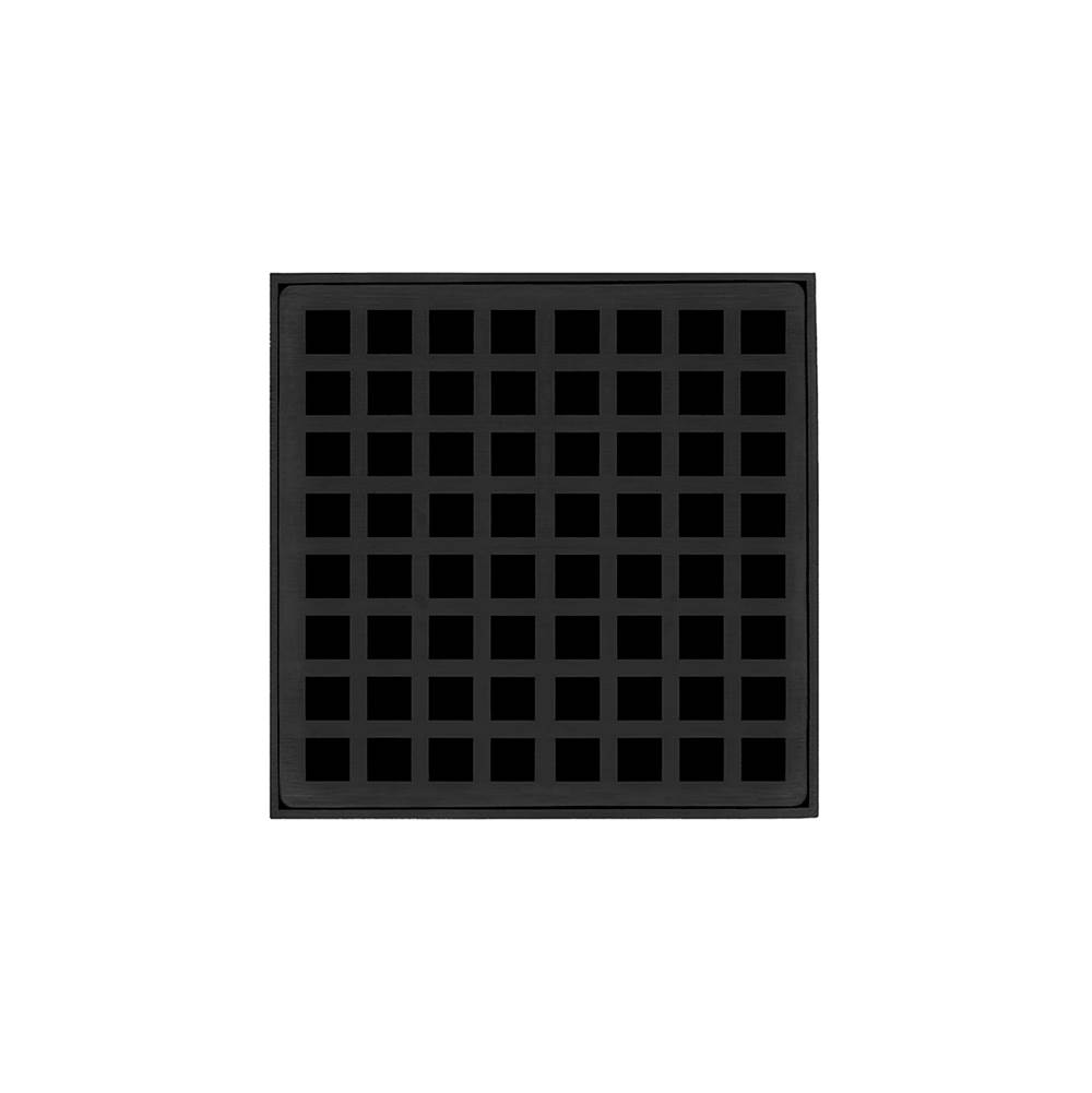Infinity Drain 5'' x 5'' QDB 5 Complete Kit with Squares Pattern Decorative Plate in Matte Black with Stainless Steel Bonded Flange Drain Body, 2'' No Hub Outlet