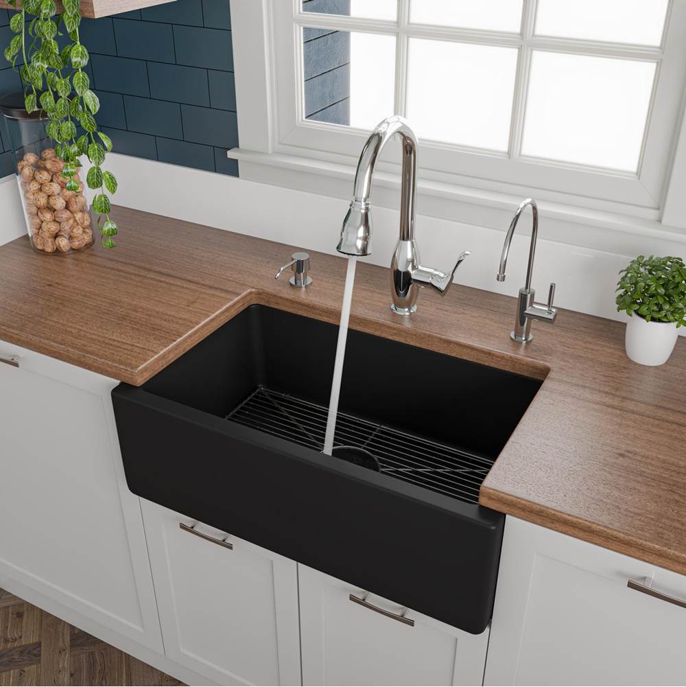 Alfi Trade 30'' Black Matte Reversible Smooth / Fluted Single Bowl Fireclay Farm Sink