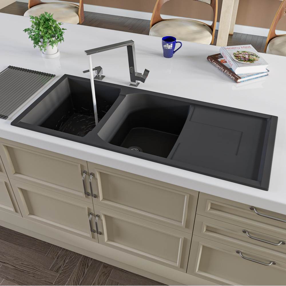 Alfi Trade Black 46'' Double Bowl Granite Composite Kitchen Sink with Drainboard