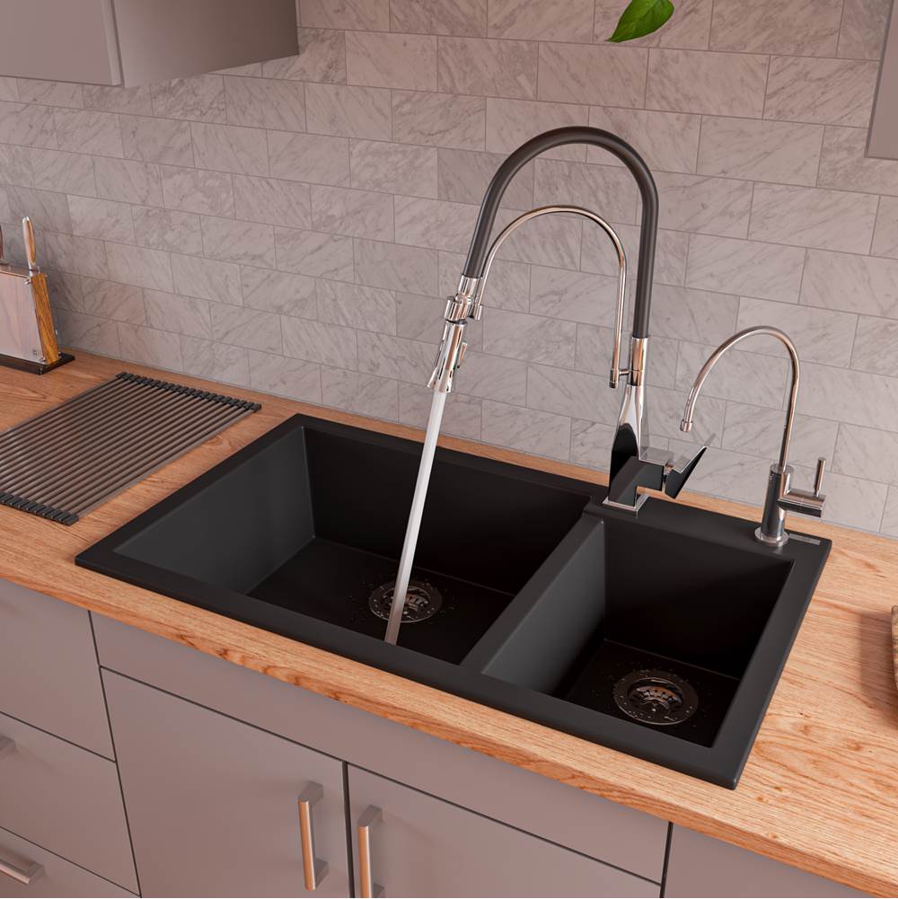 Alfi Trade Black 34'' Double Bowl Drop In Granite Composite Kitchen Sink