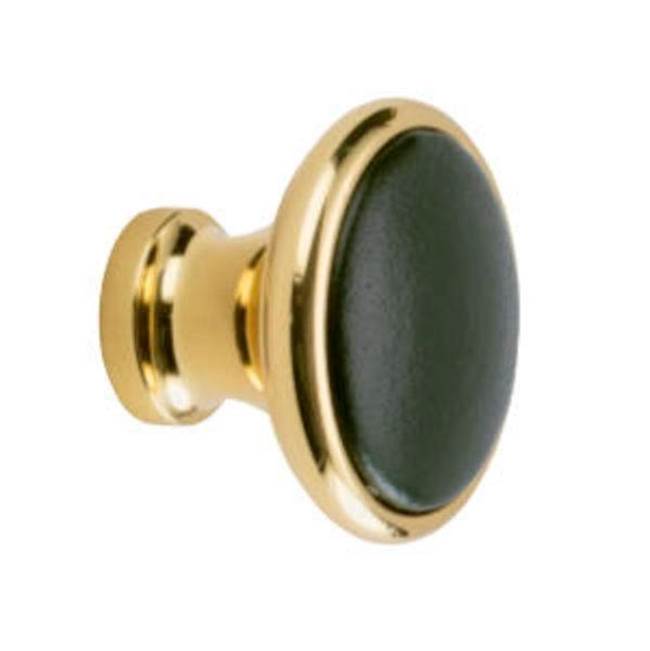 Colonial Bronze Leather Accented Round Cabinet Knob, Matte Satin Brass x Shagreen Smokey Leather