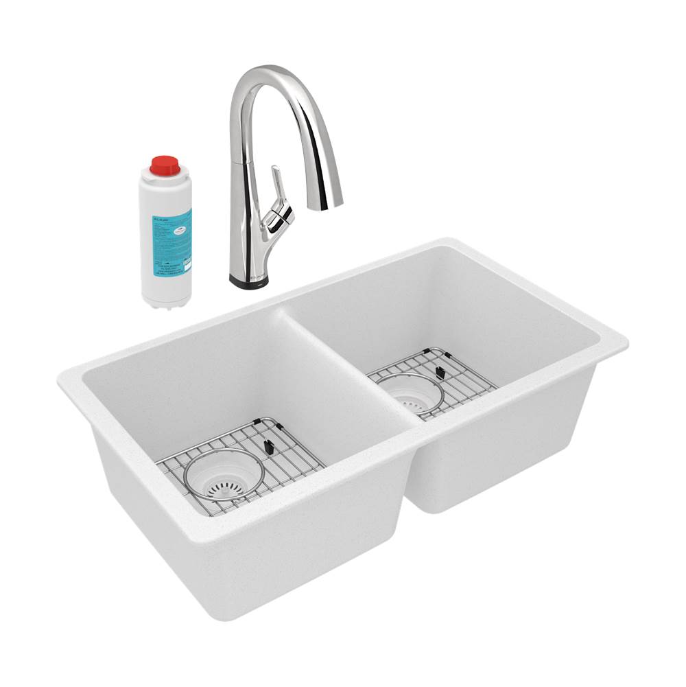 Elkay Quartz Classic 33'' x 18-1/2'' x 9-1/2'', Equal Double Bowl Undermount Sink Kit with Filtered Faucet, White