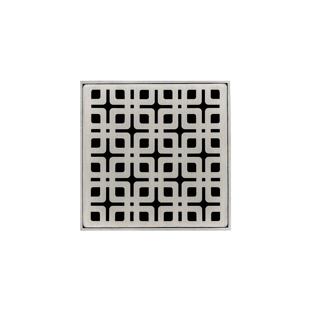 Infinity Drain 4'' x 4'' KDB 4 Complete Kit with Link Pattern Decorative Plate in Satin Stainless with ABS Bonded Flange Drain Body, 2'', 3'' and 4'' Outlet