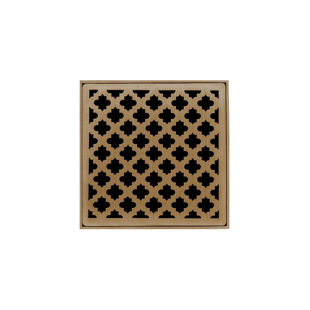 Infinity Drain 5'' x 5'' MD 5 High Flow Complete Kit with Moor Pattern Decorative Plate in Satin Bronze with ABS Drain Body, 3'' Outlet