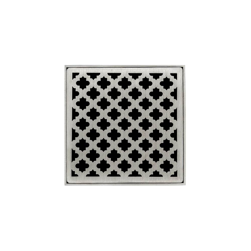 Infinity Drain 5'' x 5'' MDB 5 Complete Kit with Moor Pattern Decorative Plate in Satin Stainless with PVC Bonded Flange Drain Body, 2'', 3'' and 4'' Outlet