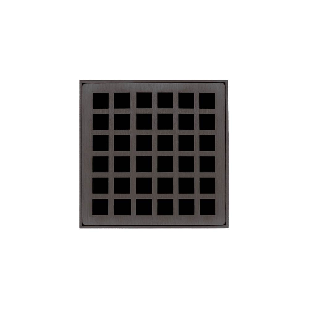 Infinity Drain 4'' x 4'' QDB 4 Complete Kit with Squares Pattern Decorative Plate in Oil Rubbed Bronze with Stainless Steel Bonded Flange Drain Body, 2'' No Hub Outlet