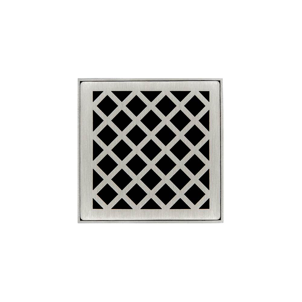Infinity Drain 4'' x 4'' XDB 4 Complete Kit with Criss-Cross Pattern Decorative Plate in Satin Stainless with PVC Bonded Flange Drain Body, 2'', 3'' and 4'' Outlet