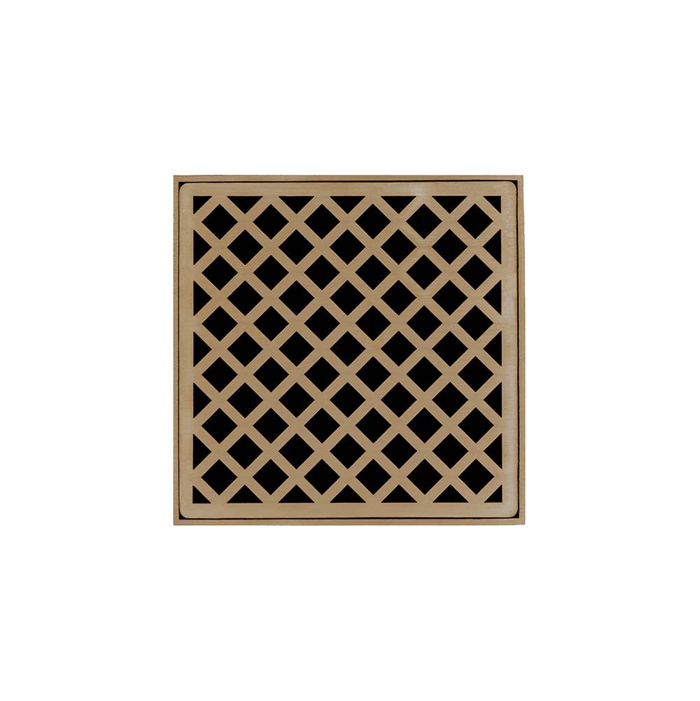 Infinity Drain 5'' x 5'' XDB 5 Complete Kit with Criss-Cross Pattern Decorative Plate in Satin Bronze with ABS Bonded Flange Drain Body, 2'', 3'' and 4'' Outlet