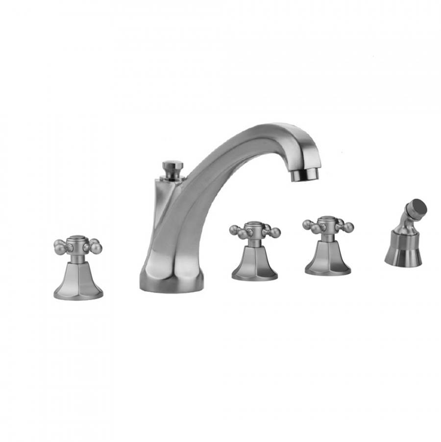 Jaclo Astor Roman Tub Set with High Spout and Ball Cross Handles and Angled Handshower Mount