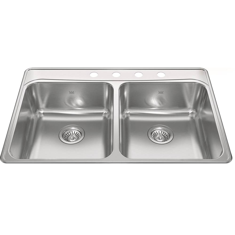 Kindred Creemore 33-in LR x 22-in FB x 8-in DP Drop In Double Bowl 4-Hole Stainless Steel Kitchen Sink, FCDLA3322-8-4CBN