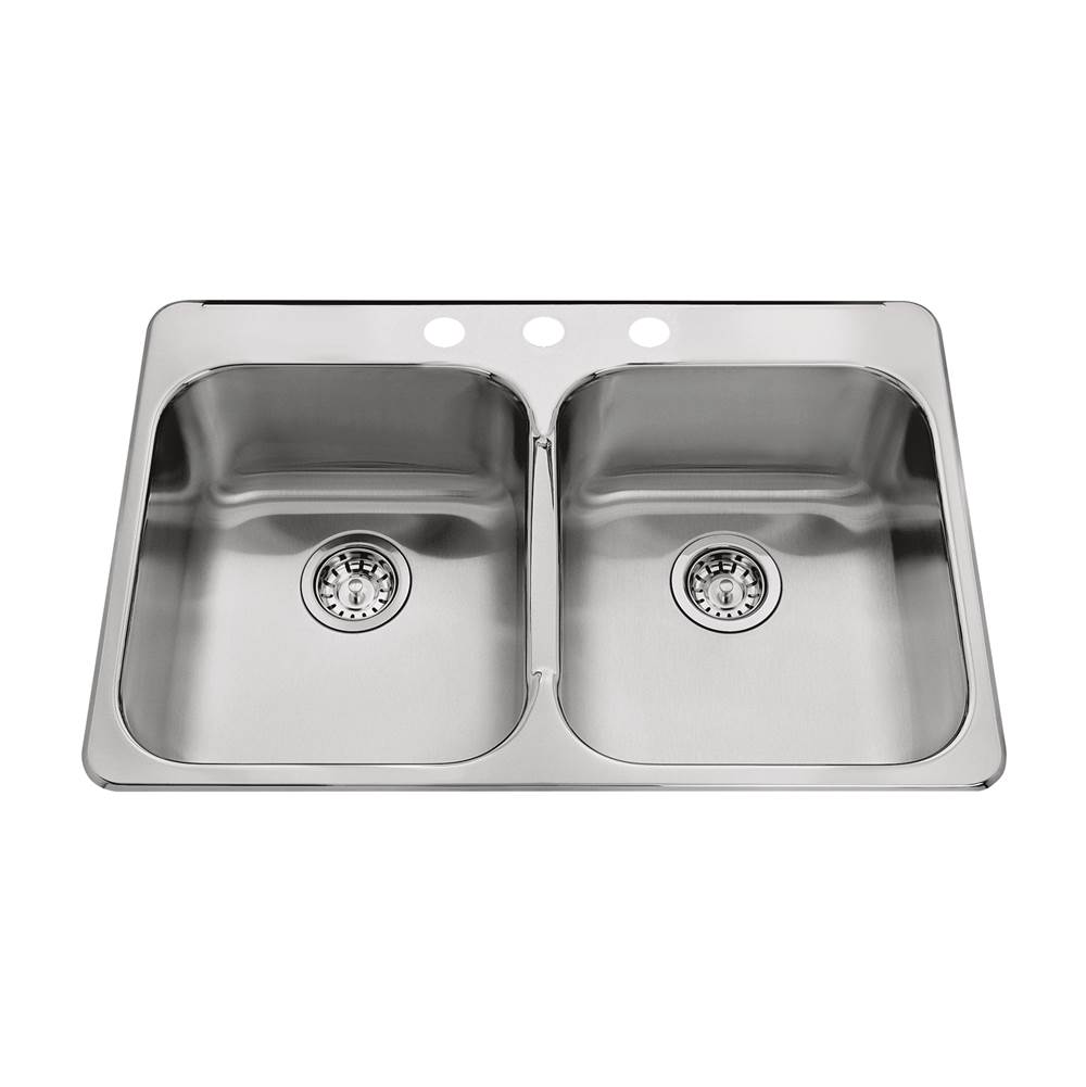 Kindred Steel Queen 31.25-in LR x 20.5-in FB x 7-in DP Drop In Double Bowl 3-Hole Stainless Steel Kitchen Sink, QDL2031-7-3N