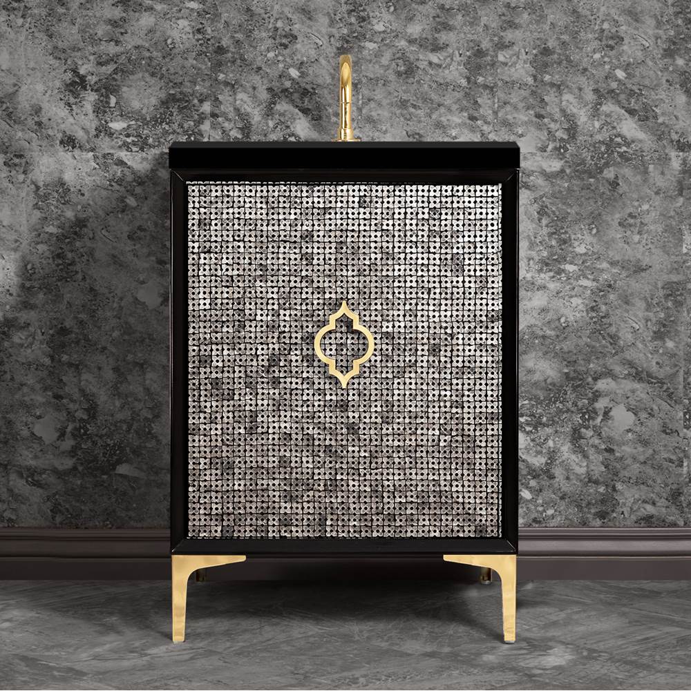 Linkasink Mother of Pearl 24'' Wide Black Vanity with Polished Brass Arabesque Pull and Hardware, 24'' x 22'' x 33.5'' (without vanity top)