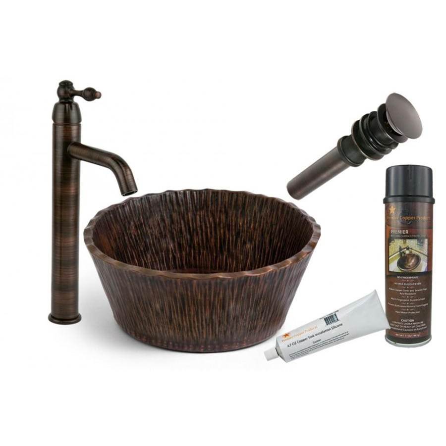 Premier Copper Products Forest Vessel Hammered Copper Sink with ORB Single Handle Vessel Faucet, Matching Drain and Accessories