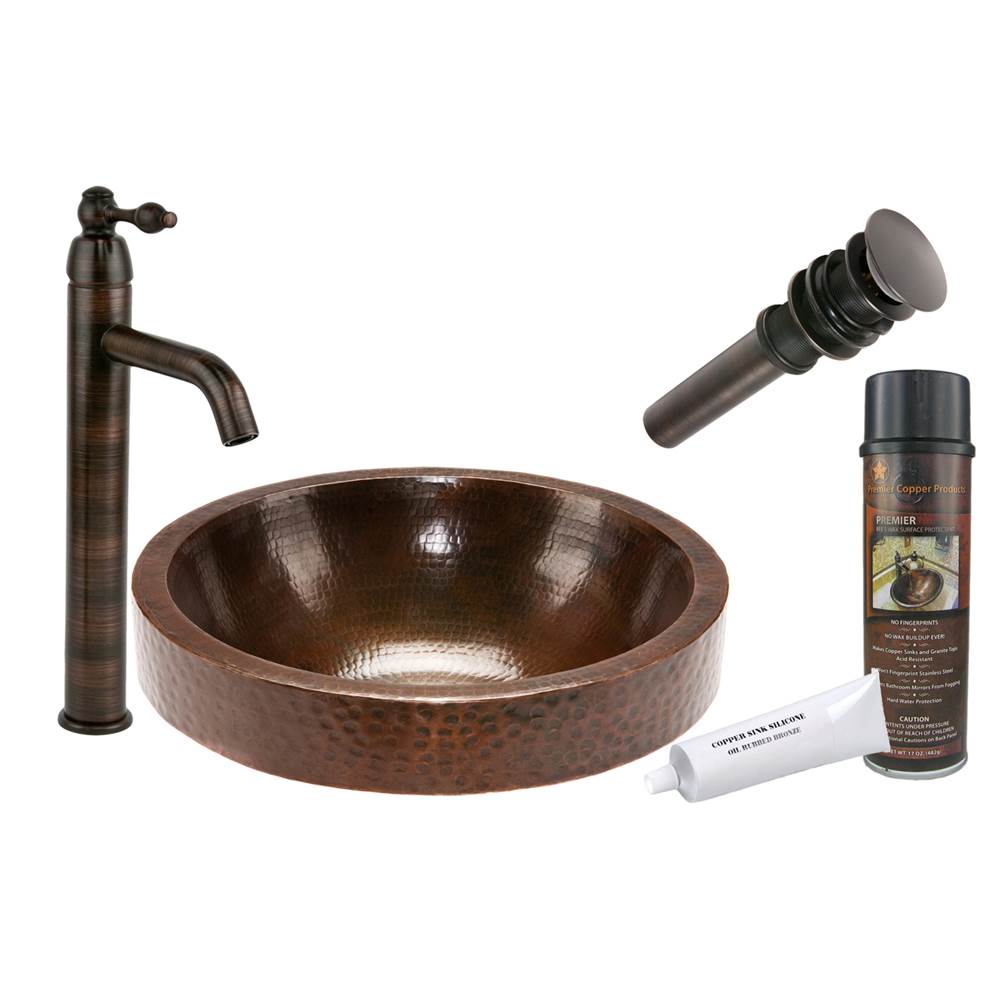 Premier Copper Products Round Skirted Vessel Hammered Copper Sink with ORB Single Handle Vessel Faucet, Matching Drain and Accessories