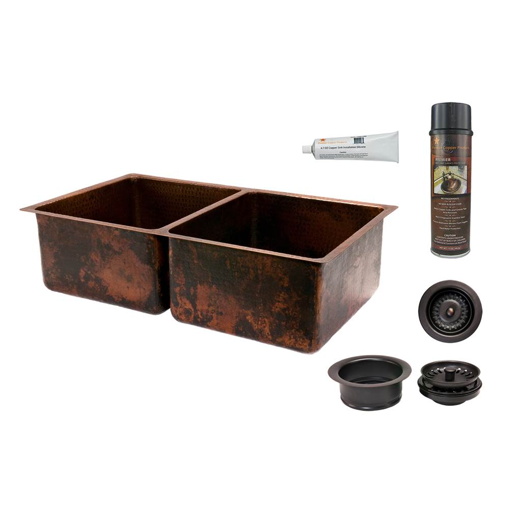 Premier Copper Products 33'' Hammered Copper Kitchen 50/50 Double Basin Sink with Matching Drains, and Accessories