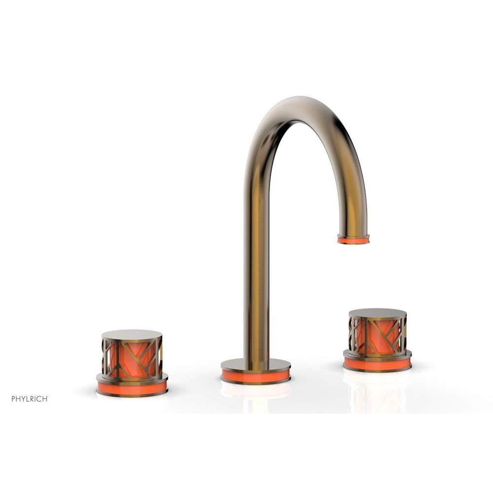 Phylrich Old English Brass Jolie Widespread Lavatory Faucet With Gooseneck Spout, Round Cutaway Handles, And Orange Accents - 1.2GPM