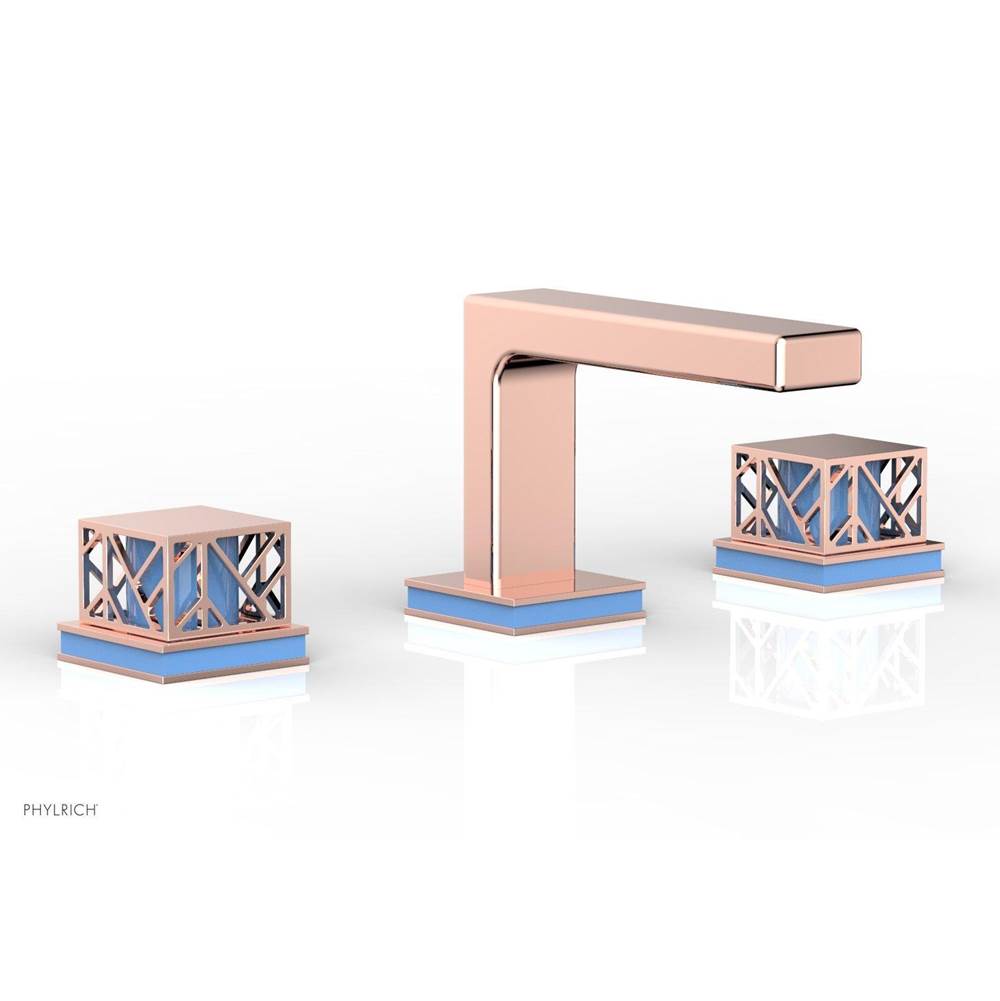 Phylrich Polished Copper (Living Finish) Jolie Widespread Lavatory Faucet With Rectangular Low Spout, Square Cutaway Handles, And Light Blue Accents - 1.2GPM