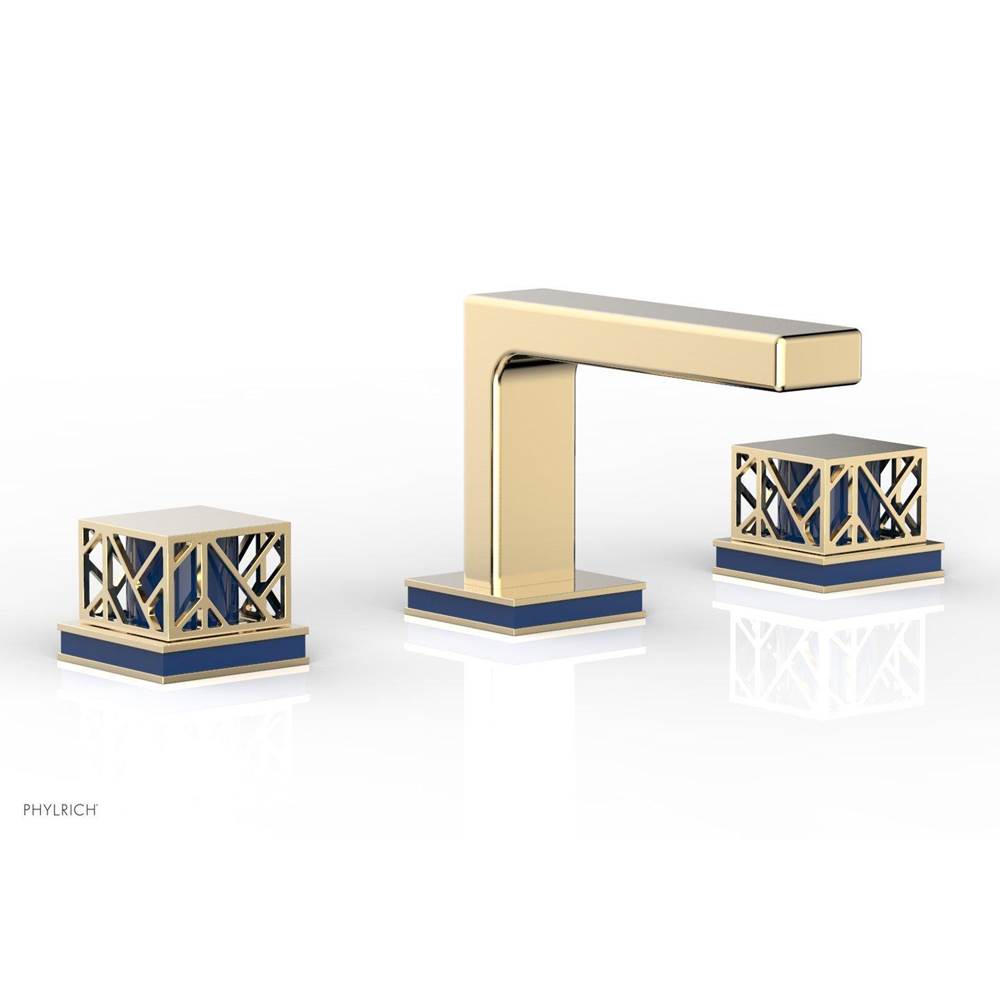 Phylrich Polished Nickel Jolie Widespread Lavatory Faucet With Rectangular Low Spout, Square Cutaway Handles, And Navy Blue Accents - 1.2GPM