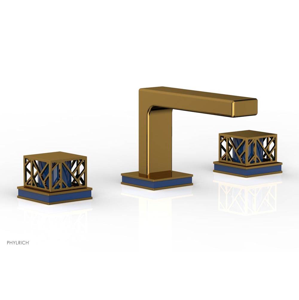 Phylrich French Brass (Living Finish) Jolie Widespread Lavatory Faucet With Rectangular Low Spout, Square Cutaway Handles, And Navy Blue Accents - 1.2GPM