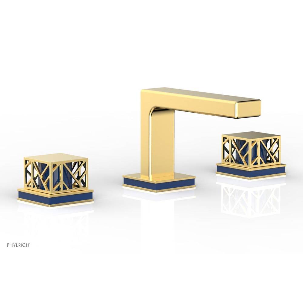 Phylrich Satin Gold Jolie Widespread Lavatory Faucet With Rectangular Low Spout, Square Cutaway Handles, And Navy Blue Accents - 1.2GPM