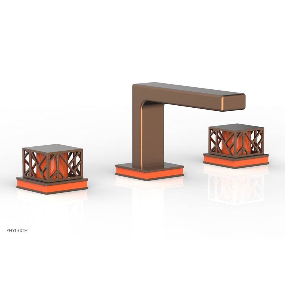 Phylrich Antique Copper Jolie Widespread Lavatory Faucet With Rectangular Low Spout, Square Cutaway Handles, And Orange Accents - 1.2GPM