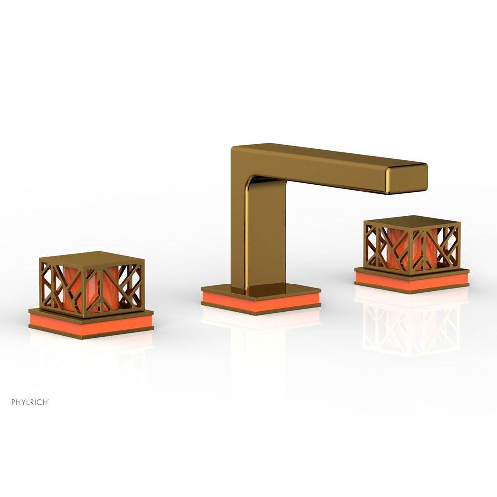 Phylrich Polished Gold Jolie Widespread Lavatory Faucet With Rectangular Low Spout, Square Cutaway Handles, And Orange Accents - 1.2GPM