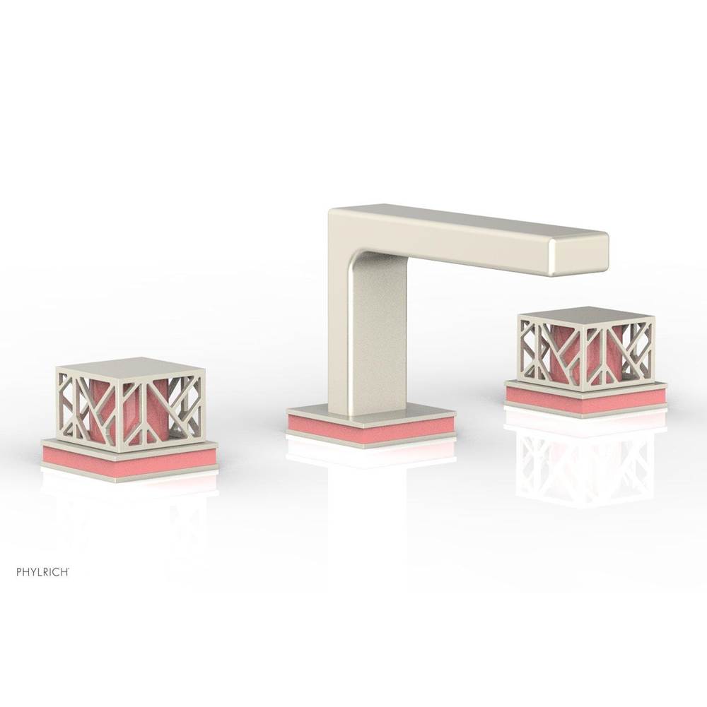 Phylrich Burnished Nickel Jolie Widespread Lavatory Faucet With Rectangular Low Spout, Square Cutaway Handles, And Pink Accents - 1.2GPM
