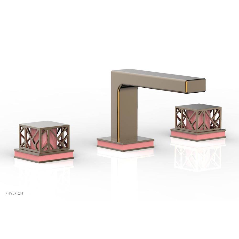 Phylrich Antique Brass Jolie Widespread Lavatory Faucet With Rectangular Low Spout, Square Cutaway Handles, And Pink Accents - 1.2GPM