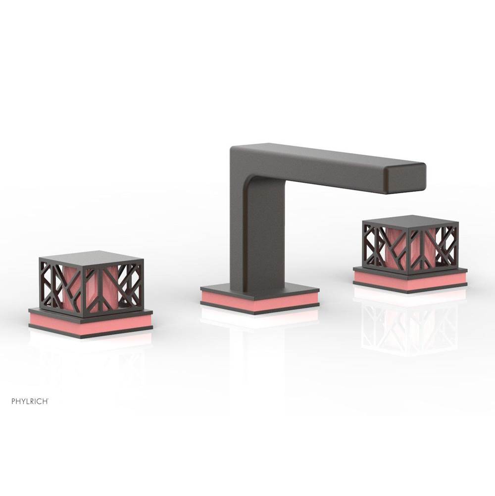 Phylrich Oil Rubbed Bronze Jolie Widespread Lavatory Faucet With Rectangular Low Spout, Square Cutaway Handles, And Pink Accents - 1.2GPM