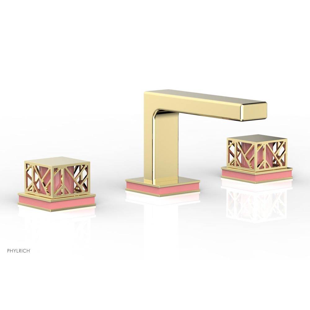 Phylrich French Brass (Living Finish) Jolie Widespread Lavatory Faucet With Rectangular Low Spout, Square Cutaway Handles, And Pink Accents - 1.2GPM