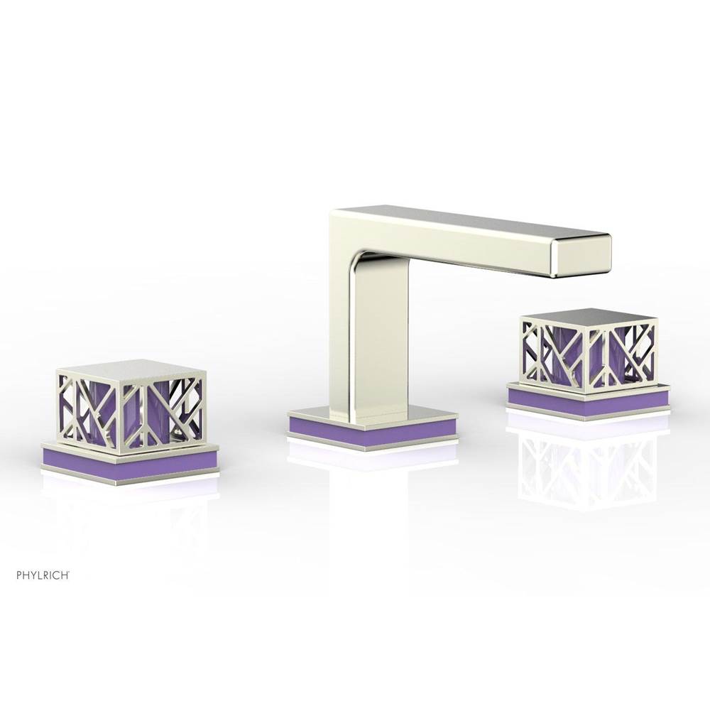 Phylrich French Brass (Living Finish) Jolie Widespread Lavatory Faucet With Rectangular Low Spout, Square Cutaway Handles, And Purple Accents - 1.2GPM