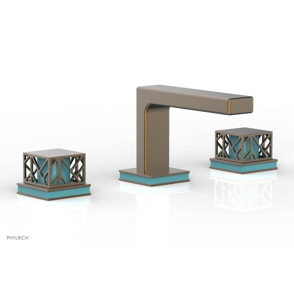 Phylrich Old English Brass Jolie Widespread Lavatory Faucet With Rectangular Low Spout, Square Cutaway Handles, And Turquoise Accents - 1.2GPM