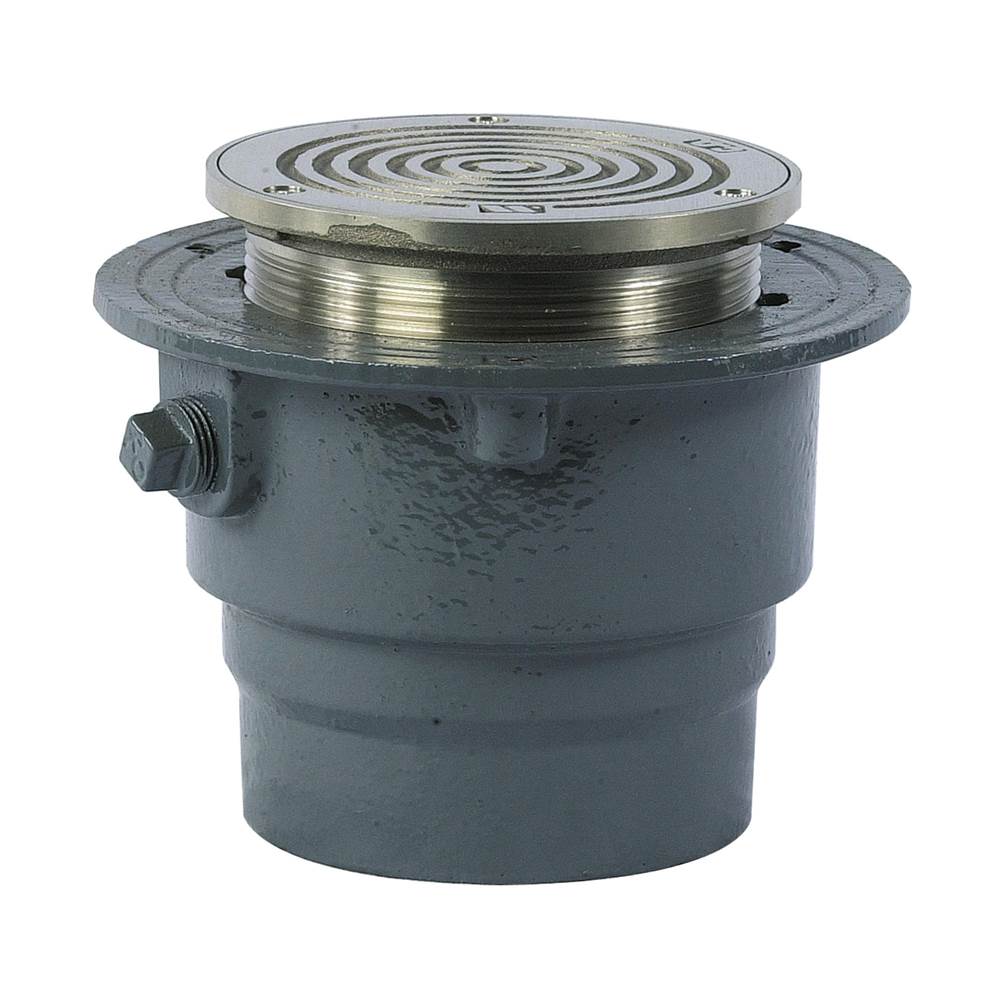 Watts Floor Cleanout, Epoxy Coated CI, 5 IN Round, Adjustable, Gasketed Nickel Bronze Top, Brass Cleanout Plug, 4 IN Push On Outlet, MD Load Rating