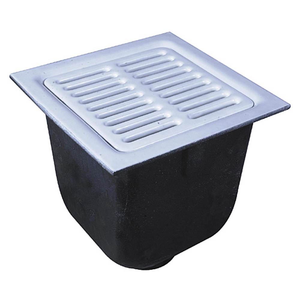 Watts Floor Sink, 12 IN Square x 10 IN Deep, Flange w/ Weepholes, 1/2 Grate, Sanitary, Loose Enamel Coated CI Grate, PP Dome Bottom Strainer, 2 IN Push On